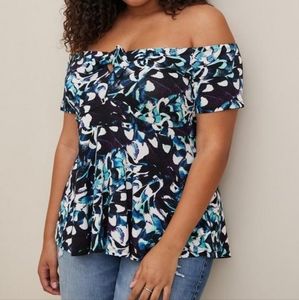 Torrid plus floral babydoll off shoulder front tie knot top, 5XL, black/…